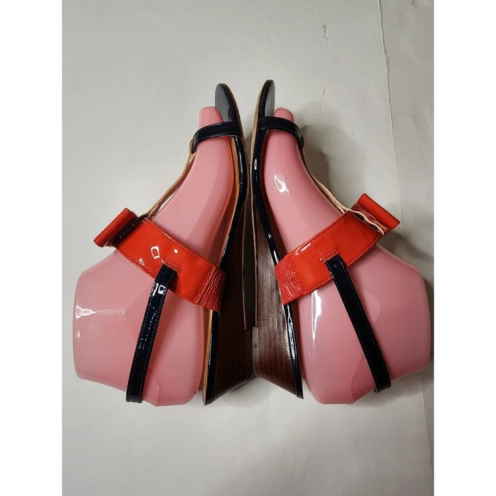 Kate Spade New York Patent Leather T-Strap Sandals Womens 7 Red Navy Bow Accent